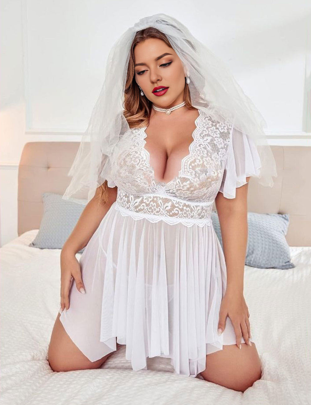 Women Plus Size V-neck Lace Sexy Backless Babydoll