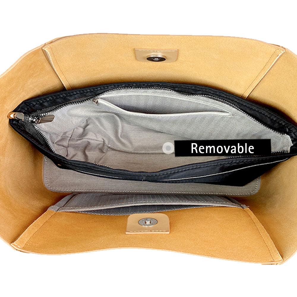 Khaki Leather Large Tote Bag With Inner Pouch Handbags For Work | PRUSES