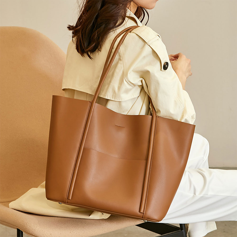 Khaki Leather Large Tote Bag With Inner Pouch Handbags For Work | PRUSES