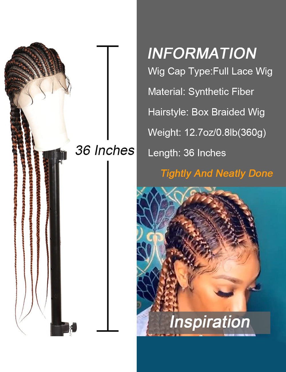 36 INCH Full Lace Front Cornrow Braided Wigs-5