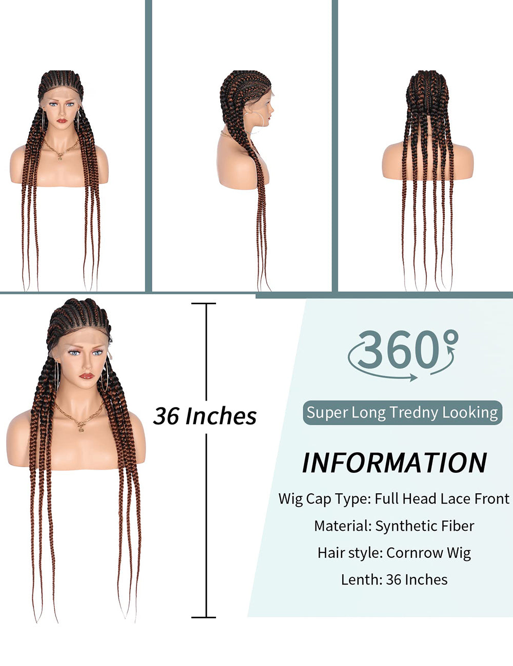 36 INCH Full Lace Front Cornrow Braided Wigs-8