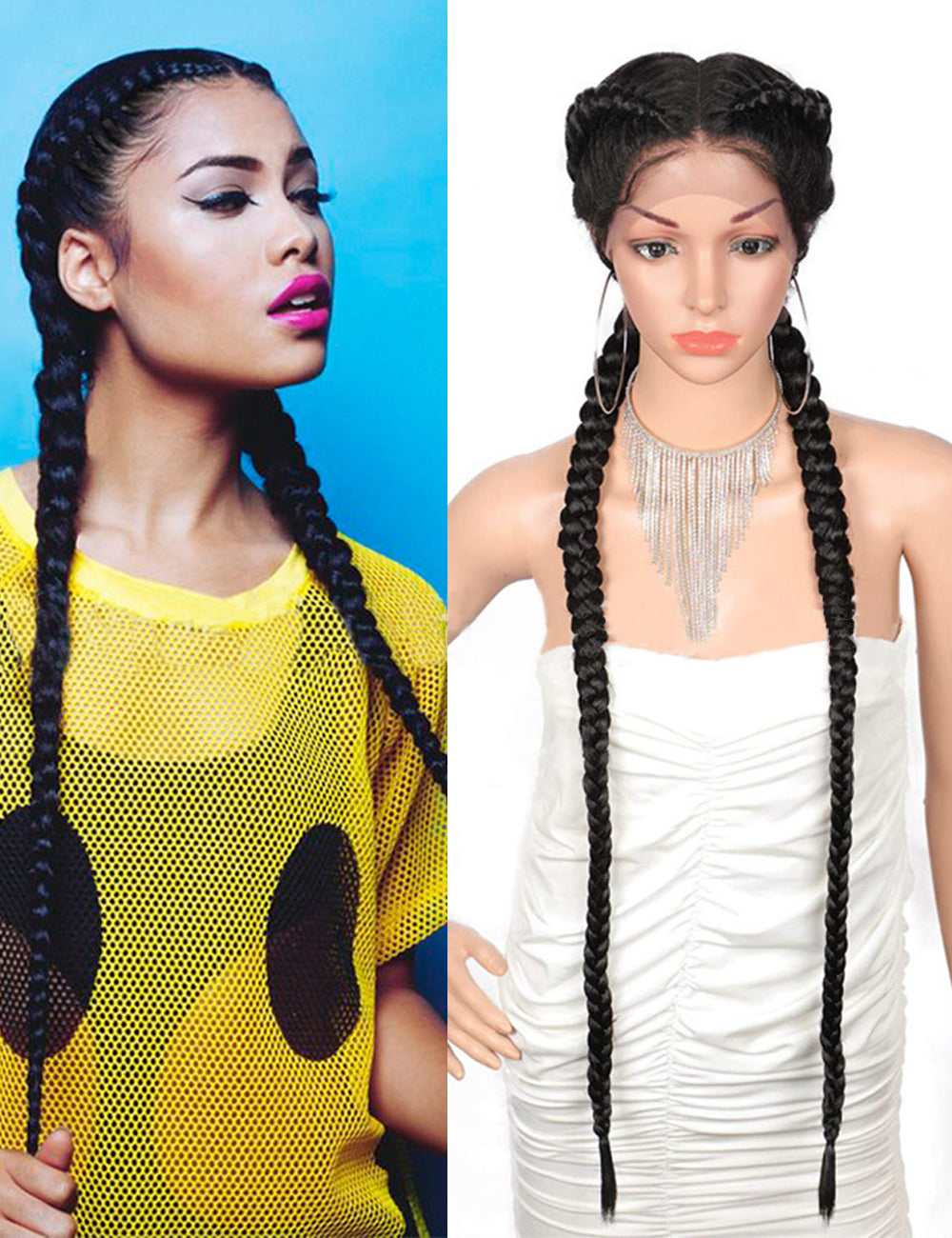36 Inch Lace Front 2 Dutch Braids Cornrow Braided Wigs-1