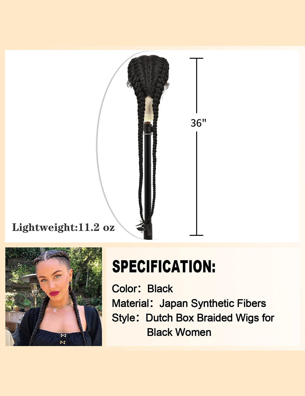 36 Inch Lace Front 2 Dutch Braids Cornrow Braided Wigs-6