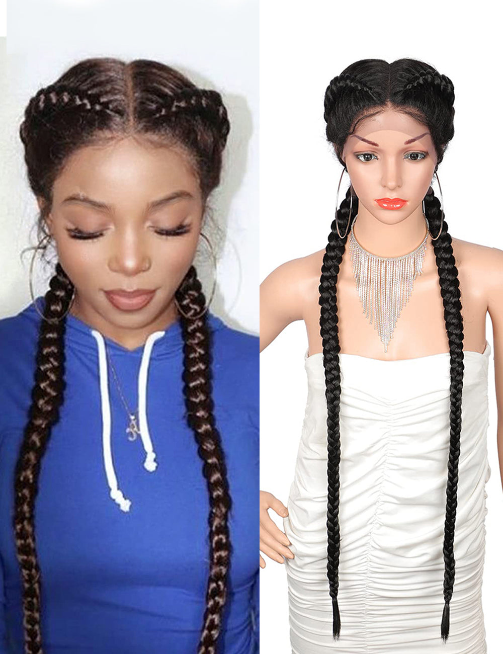 36 Inch Lace Front 2 Dutch Braids Cornrow Braided Wigs