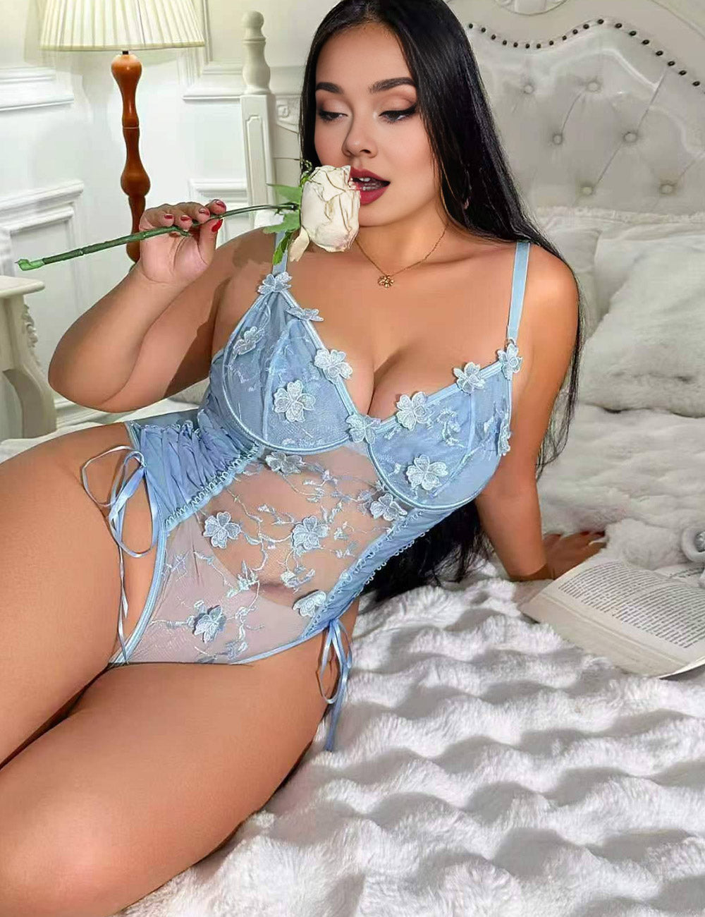 Plus Size Blue Floral Embroidered Lace-Up Bodysuit