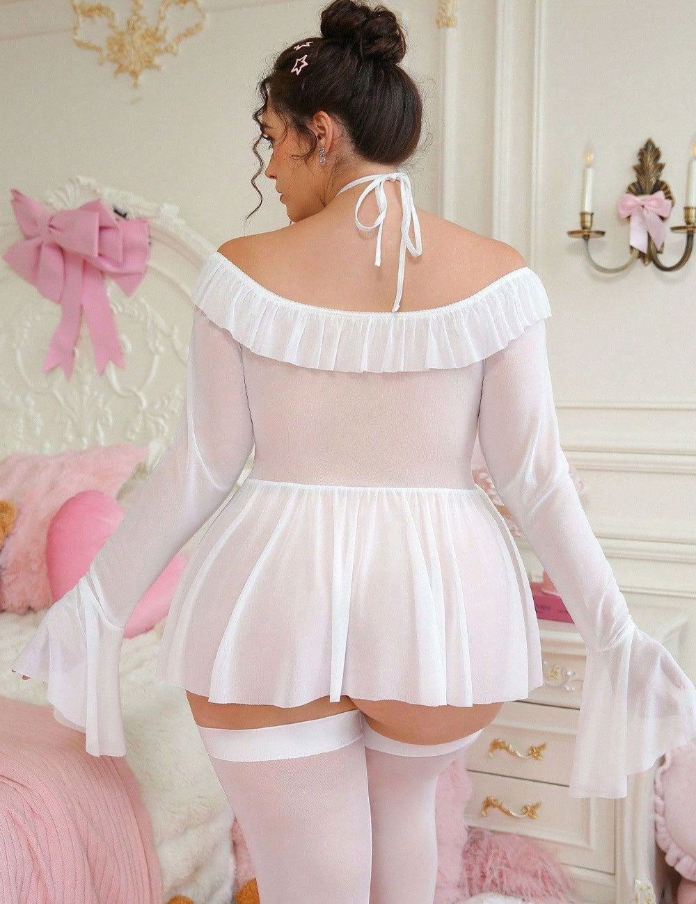 Plus Size White Off-Shoulder Ruffle Lingerie Dress