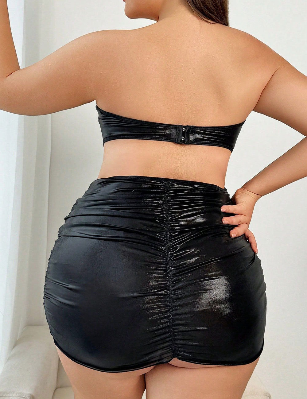 Plus Size Black Ruched Cutout Strapless Mini Dress