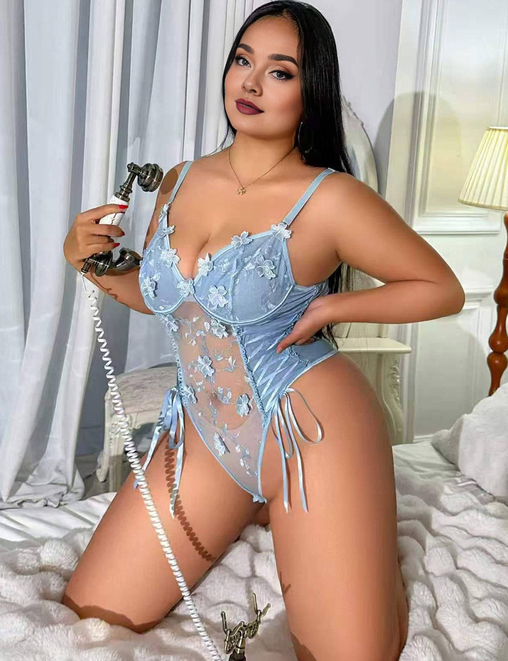 Plus Size Blue Floral Embroidered Lace-Up Bodysuit