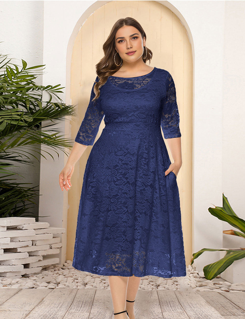 8XL Women Plus Size Evening Dress Hollow Lace Pocket Dress-1
