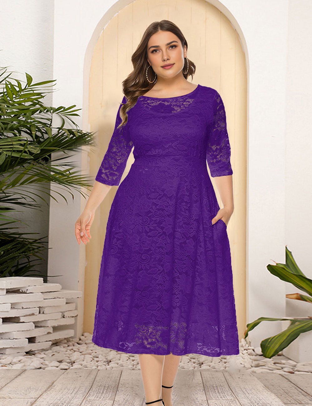 8XL Women Plus Size Evening Dress Hollow Lace Pocket Dress-11