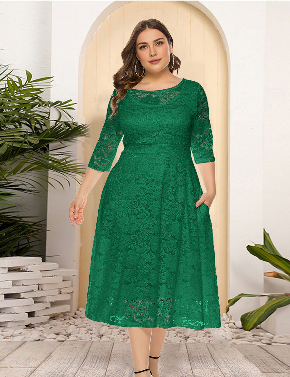 8XL Women Plus Size Evening Dress Hollow Lace Pocket Dress-4