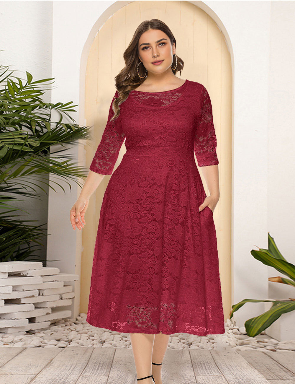 8XL Women Plus Size Evening Dress Hollow Lace Pocket Dress-5