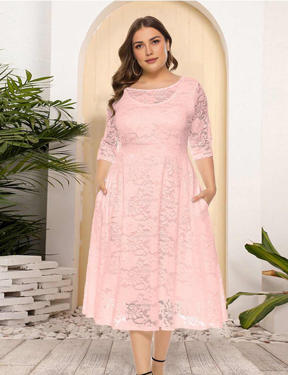 8XL Women Plus Size Evening Dress Hollow Lace Pocket Dress-6