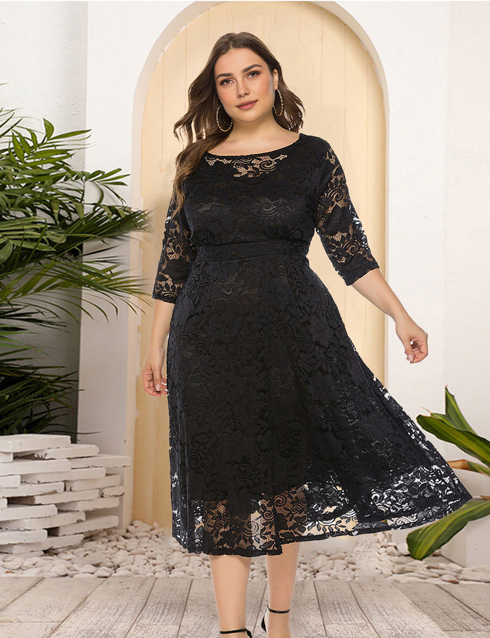 8XL Women Plus Size Evening Dress Hollow Lace Pocket Dress-7
