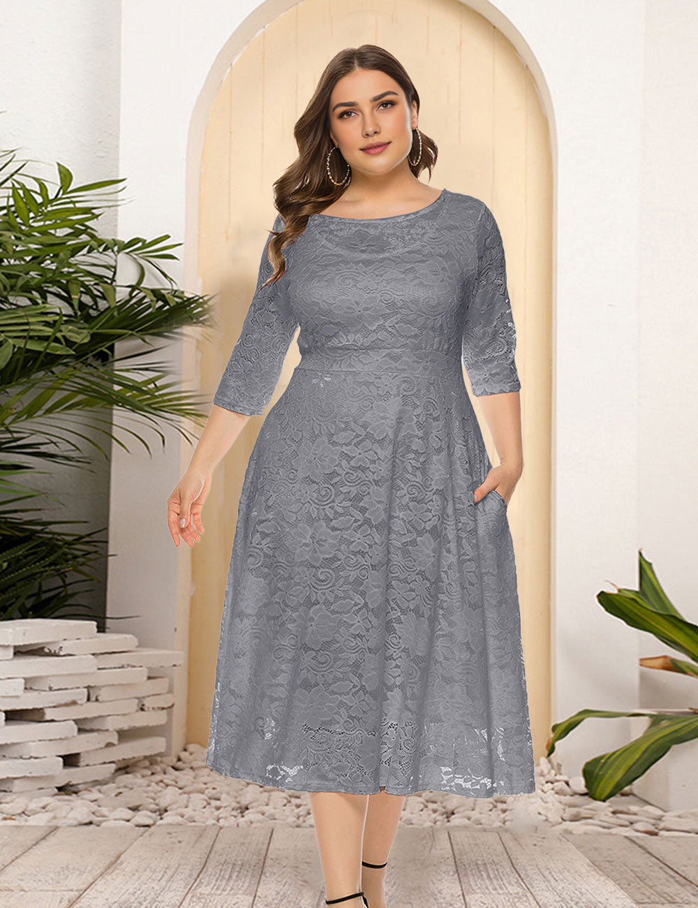 8XL Women Plus Size Evening Dress Hollow Lace Pocket Dress-8