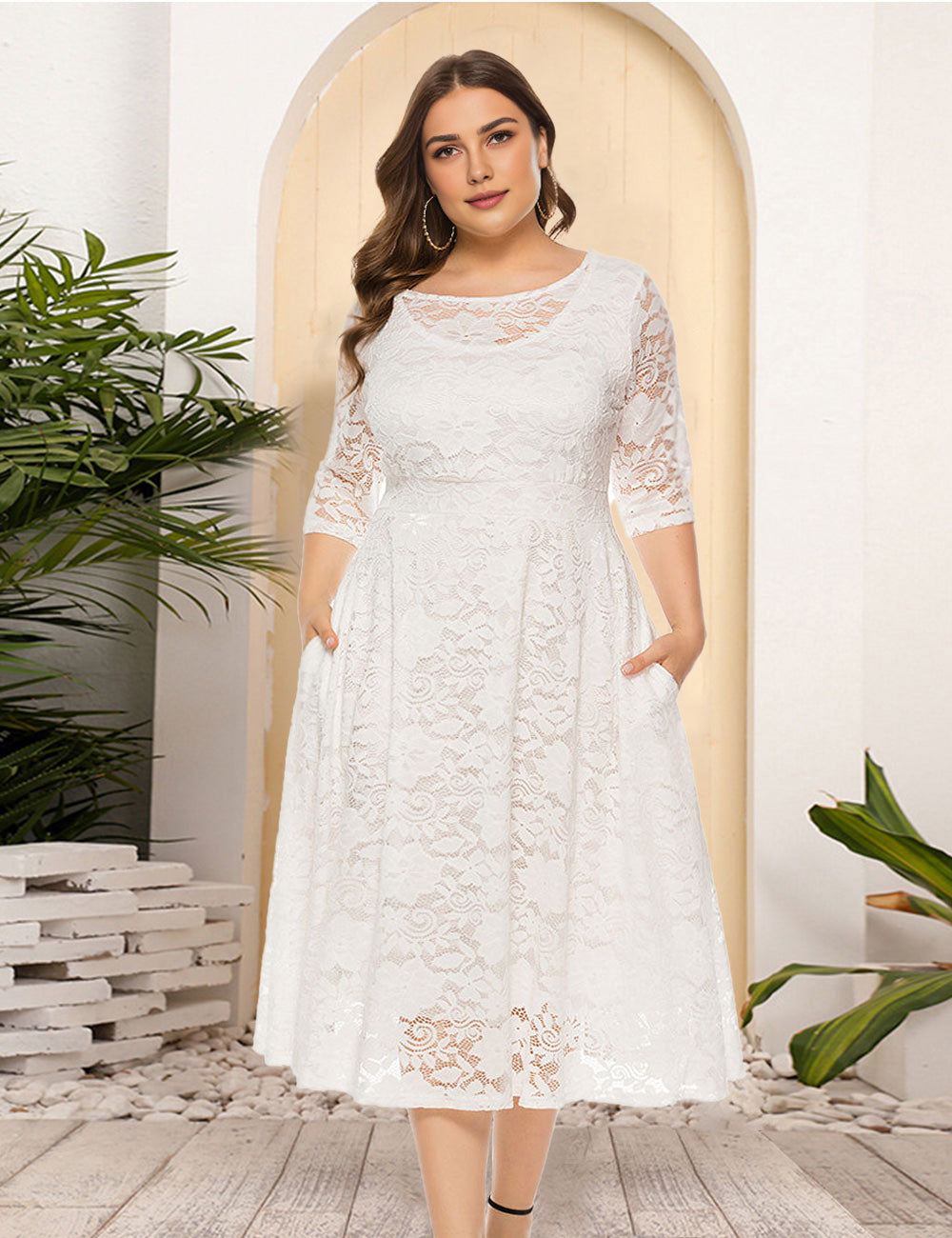 8XL Women Plus Size Evening Dress Hollow Lace Pocket Dress