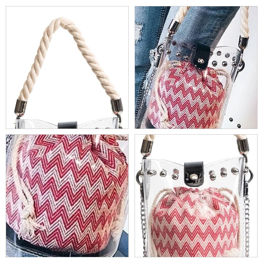 Women's Studs Bucket Clear Bag with Red Wavy Inner Pouch | PRUSES