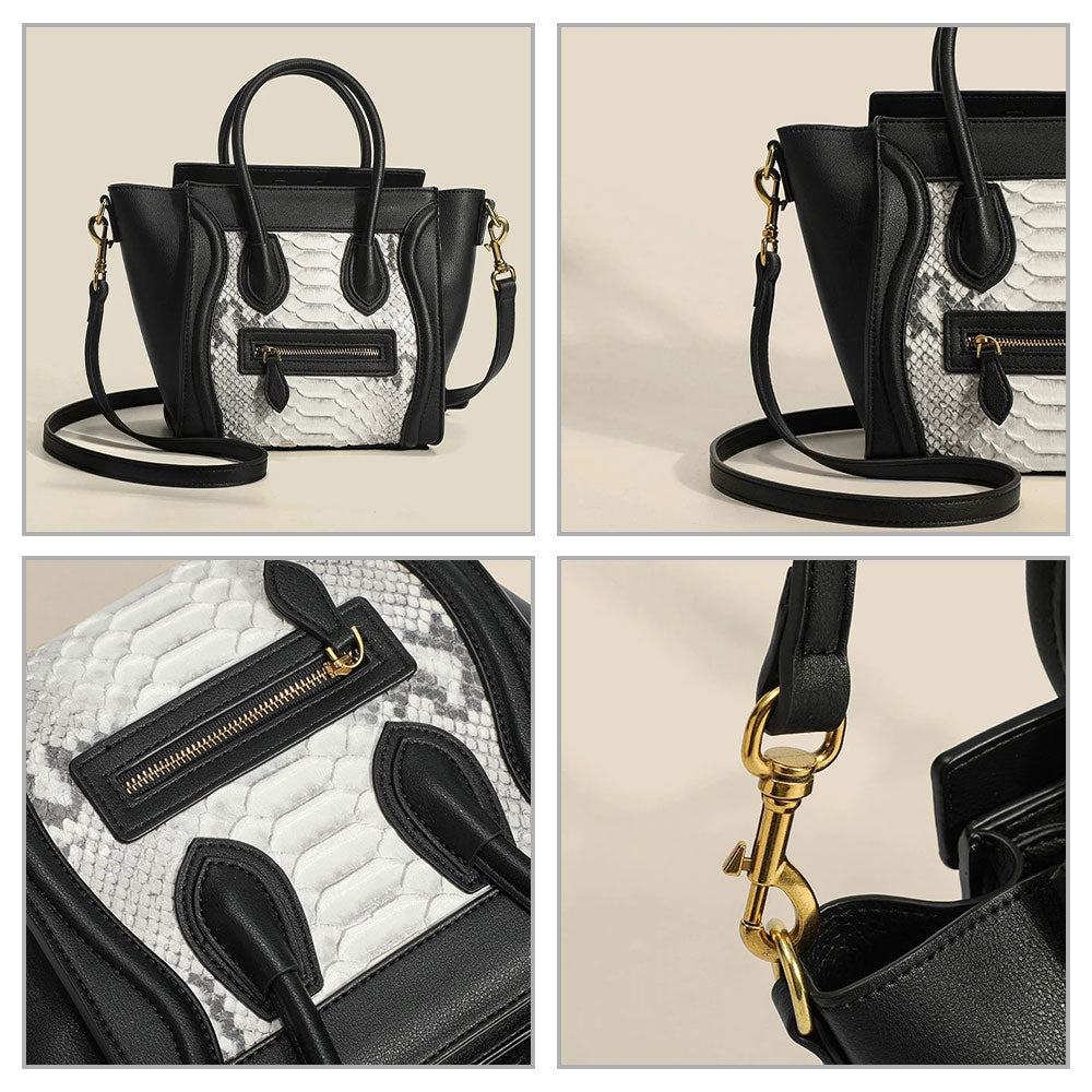 Black and White Smiling Face Leather Python Printed Tote Handbags | PRUSES