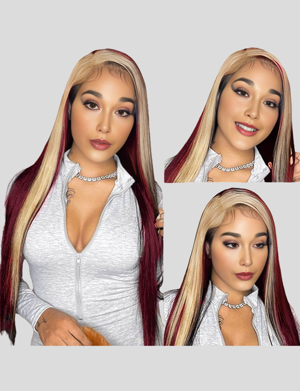 99J Burgundy with 613 Blonde Highlights 13x4 Bone Straight Skunk Stripe Wig HD Lace Wigs-3