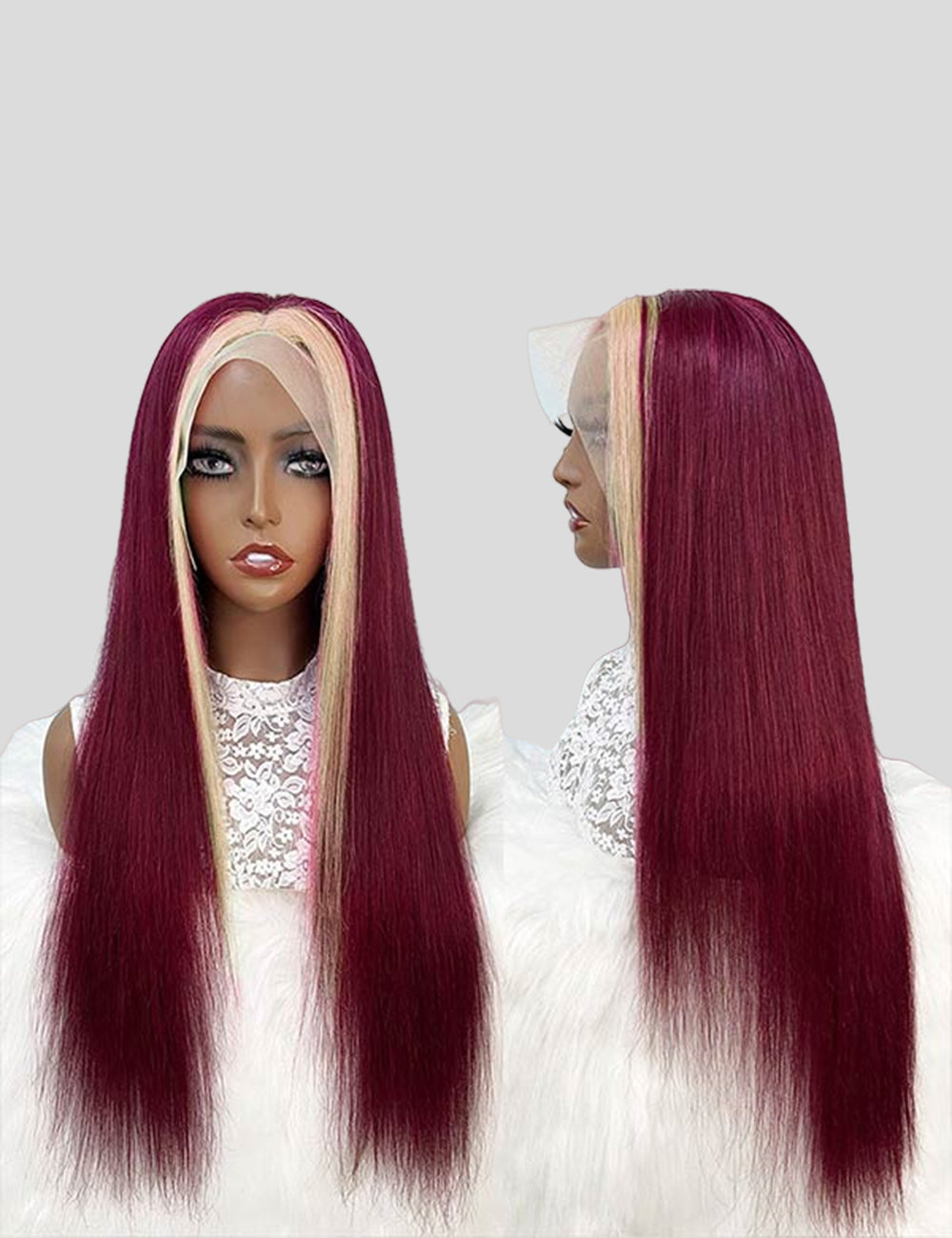 99J Burgundy with 613 Blonde Highlights 13x4 Bone Straight Skunk Stripe Wig HD Lace Wigs-4