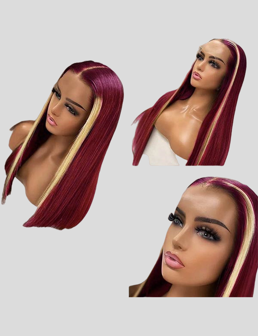 99J Burgundy with 613 Blonde Highlights 13x4 Bone Straight Skunk Stripe Wig HD Lace Wigs-5