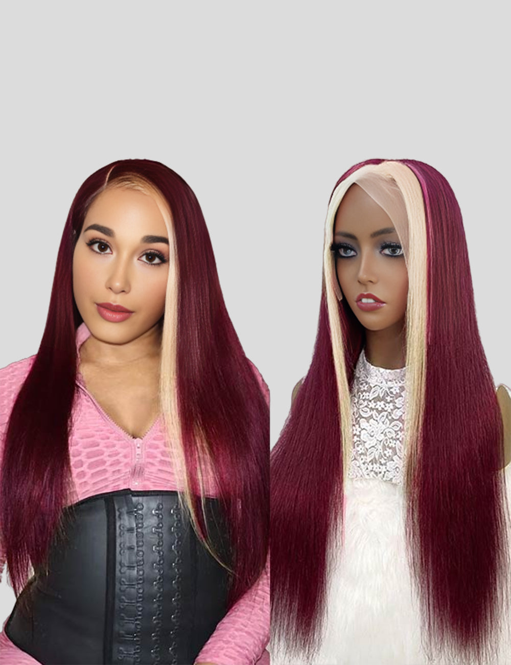 99J Burgundy with 613 Blonde Highlights 13x4 Bone Straight Skunk Stripe Wig HD Lace Wigs