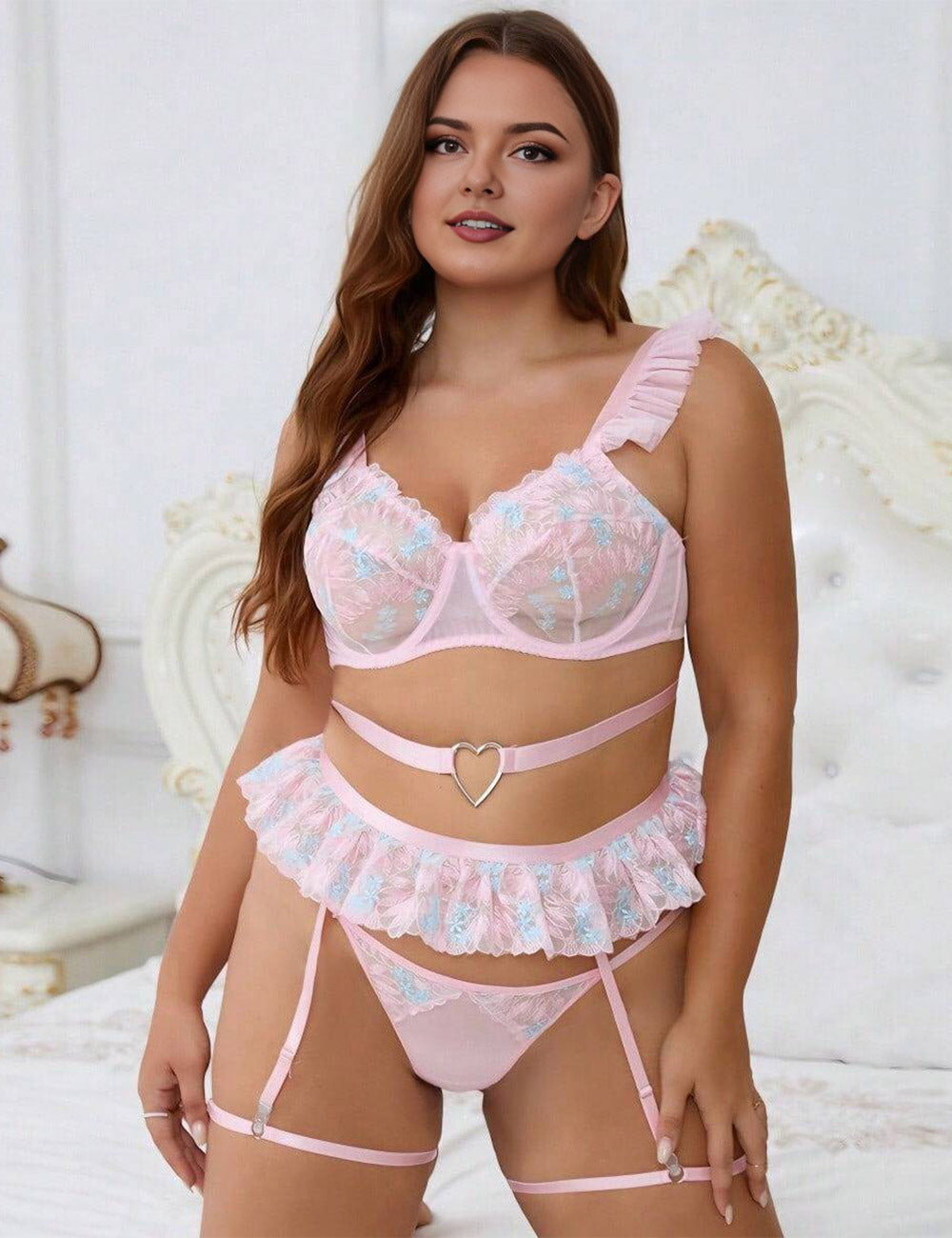 Plus Size Pink Lace Ruffle Garter Bra Set
