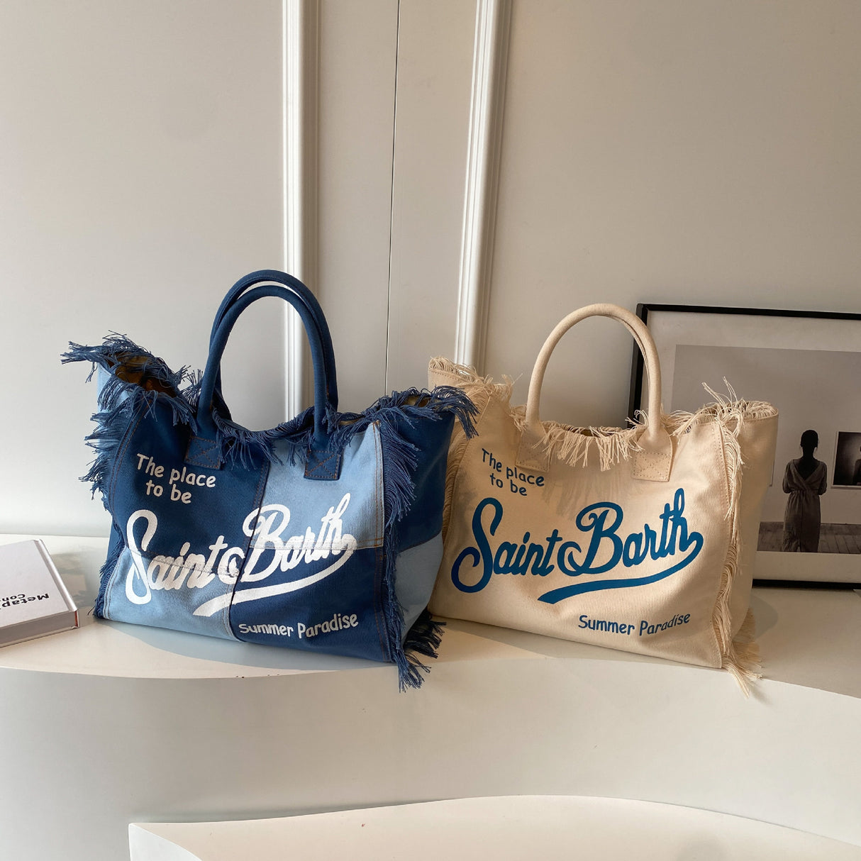 Beach Large Capacity Handmade Tassel Print Tote Bag |PRUSES-9