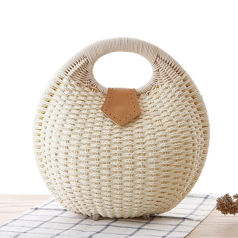 Beige Beach Bag Woven Round Summer Handbag for Honeymoon | PRUSES