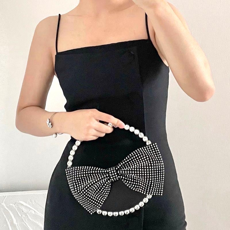 Black Bow Rhinestone Round Clutch Handbags | PRUSES-4