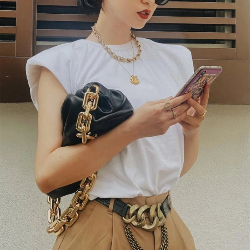 Black Chain Brown Over Size Genuine Leather Pouch Bag Slouchy Clutches-2