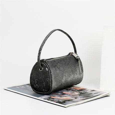 Black  Digital Logo Cylindrical Zipper Boston Handbags-7