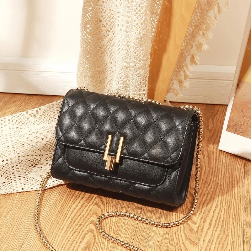 Black Flap Quilted Work Bag Leather Shoulder Bags with Chain Strap