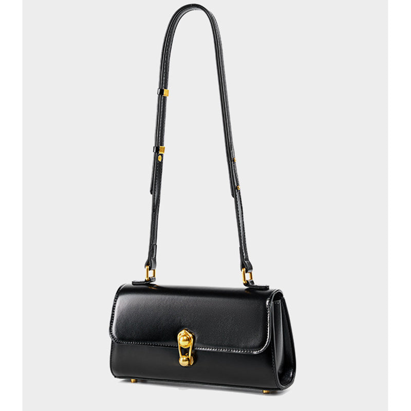 Black Leather Flap Shoulder Bag Elegant Crossbody Purse with Buckle
