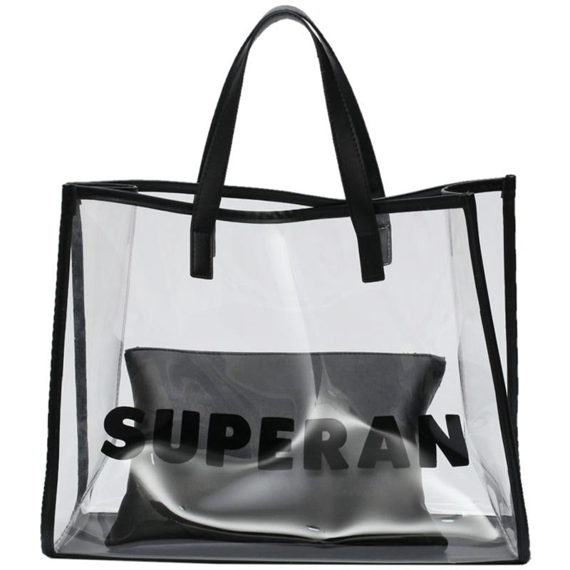 Black PVC Clear Tote Bag Summer Beach Bag| PRUSES-2