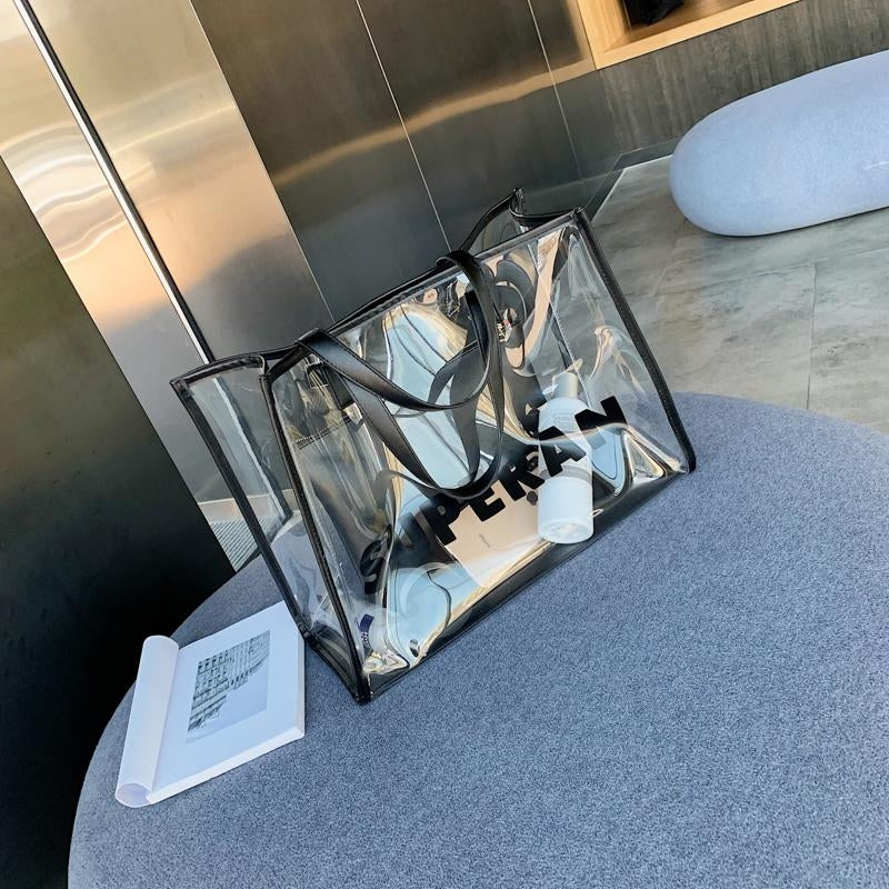 Black PVC Clear Tote Bag Summer Beach Bag| PRUSES-3