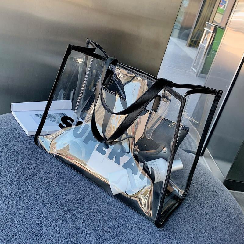 Black PVC Clear Tote Bag Summer Beach Bag| PRUSES