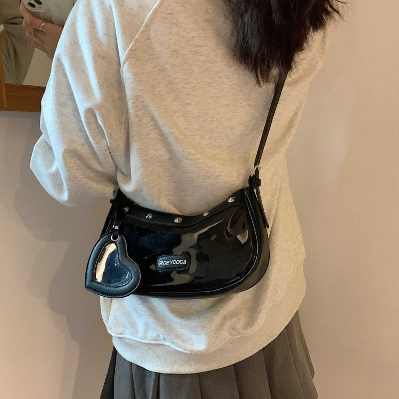 Black Rivet Clear Jelly Hobo Bag Studded Heart Charm Crossbody Purse| PRUSES-5