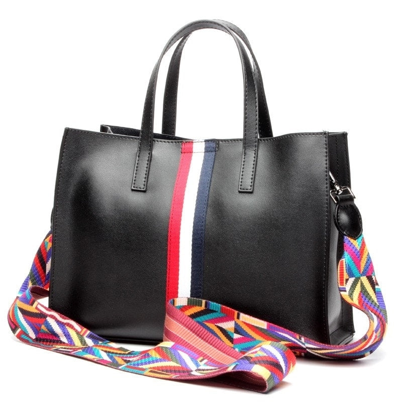 Black Tri-color Stripe Leather Handbags | PRUSES