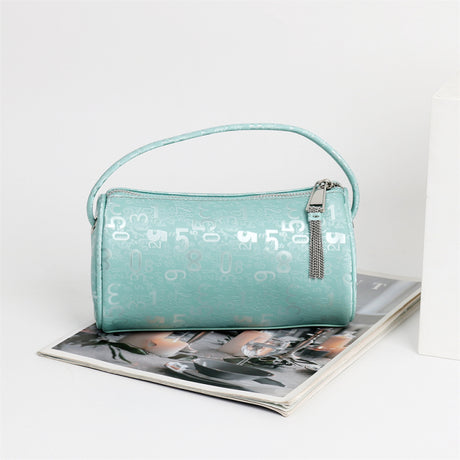 Blue Digital Logo Cylindrical Zipper Boston Handbags-3