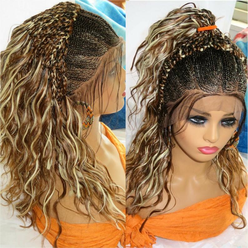 Braided Lace Wig 13" by 4" Lace closure Feed in Cornrows Handmade Ghana Weaving