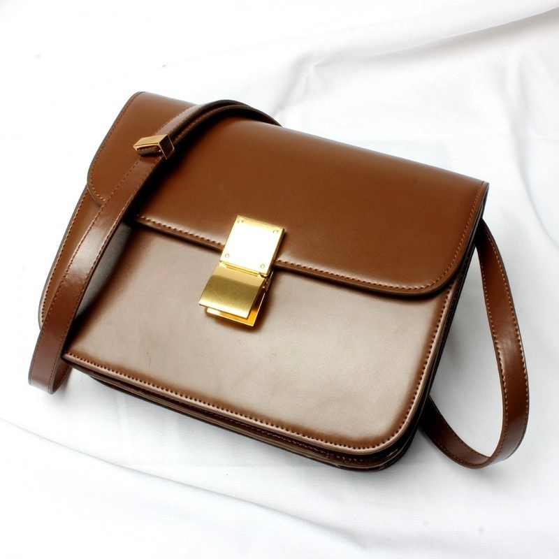 Brown Flap Genuine Leather Square Shoulder Message Bag| PRUSES-5