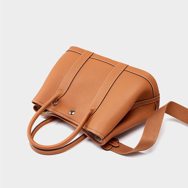 Brown Leather Tote Bag Wide Strap Crossbody Bucket Bags | PRUSES-4