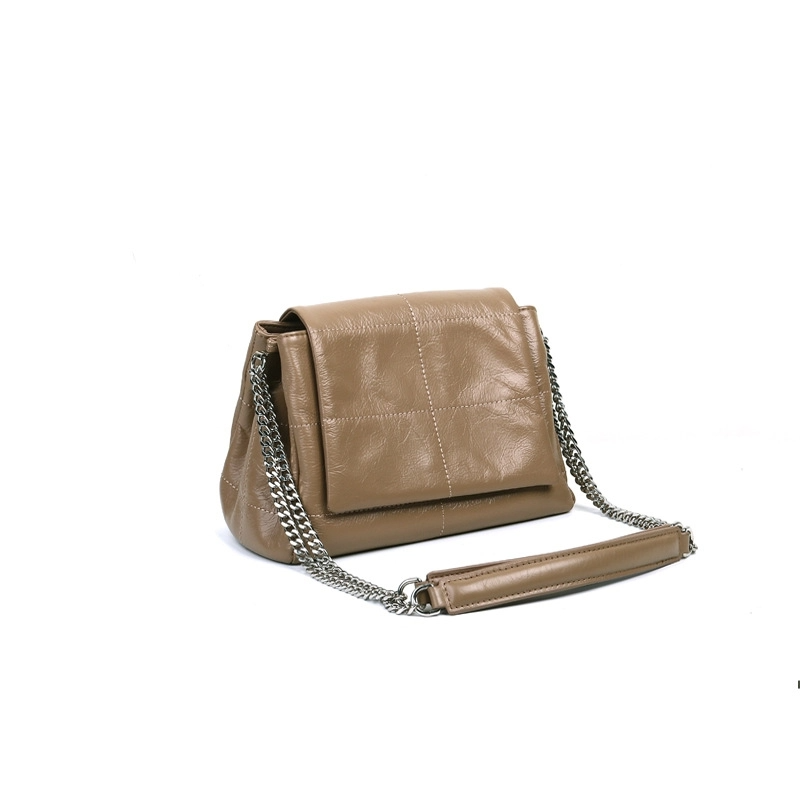 Brown Oiled Leather Chain Crossbody Purse Flap Shoulder Bag-1