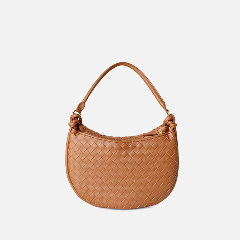 Brown Woven Leather Flap Over The Shoulder Bags Moon Purses | PRUSES-1