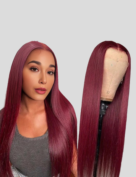 Burgundy Lace Front Wigs 32 Inch HD Human Hair Wigs Straight Colored Wigs with Baby Hair