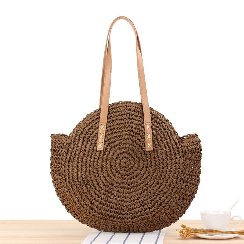 Dark Brown Circle Straw Shoulder Tote Beach Bags | PRUSES