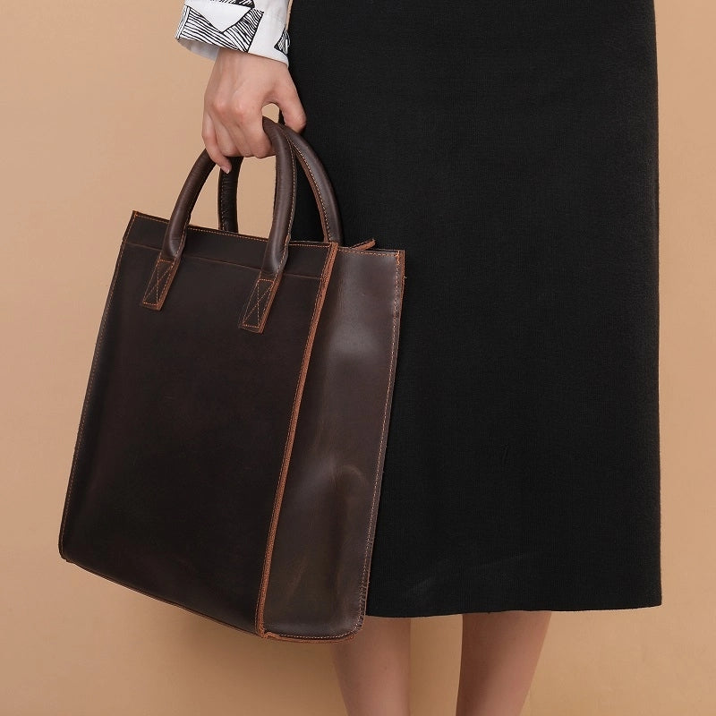 Dark Brown Leather Laptop Handbag Business Tote Bags | PRUSES-14