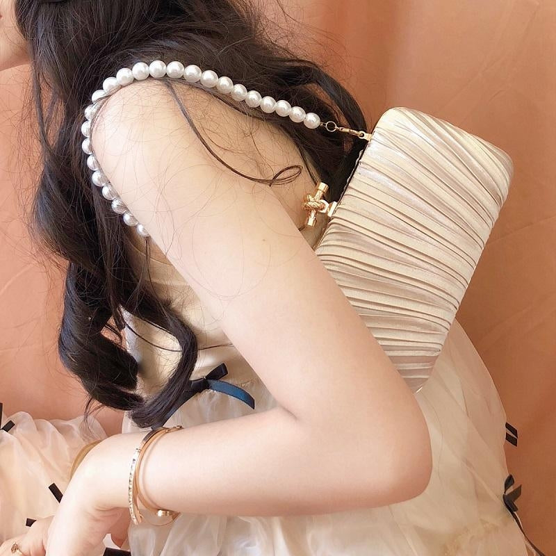 Folded Silk Clutchn Bags Pearl Chain Vintage Evening Bag