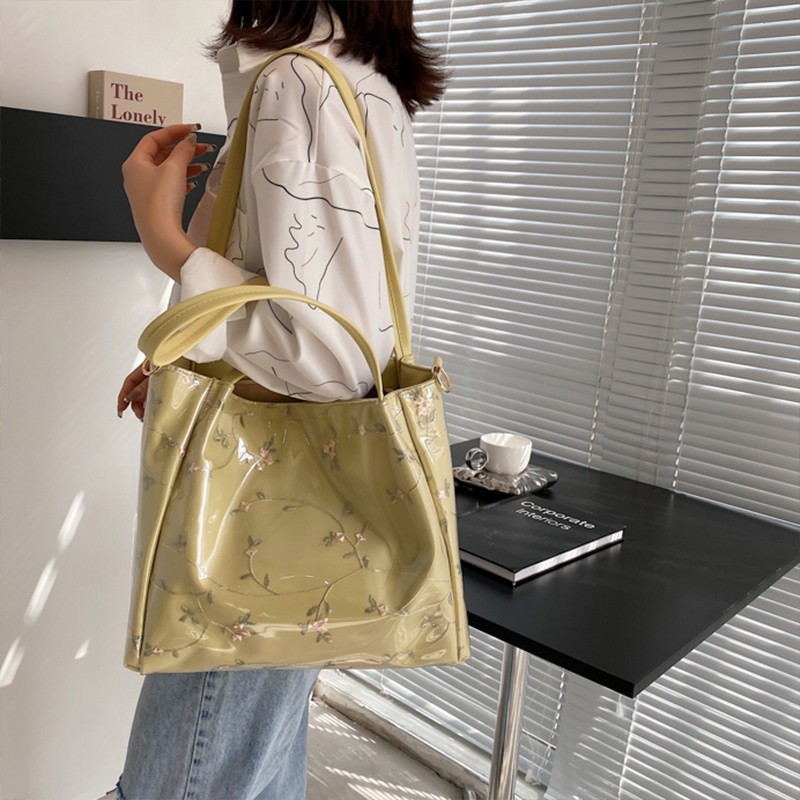 Green Clear Tote Bag Flower Printed Crossbody Tote with Removable Strap| PRUSES-5